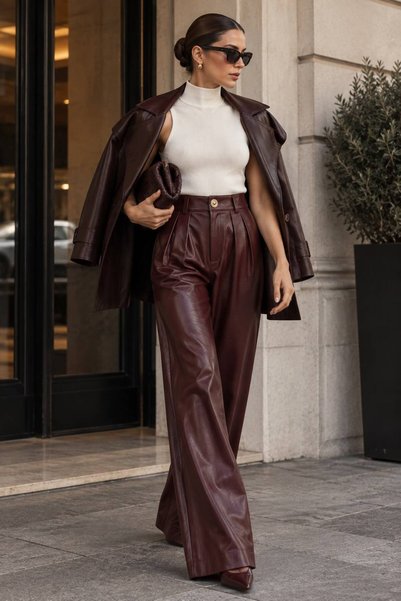 Grenj Fashion Pantaloni Palazzo din piele artificială cu talie înaltă, cu nasturi aurii și pliuri duble, de culoare burgundy