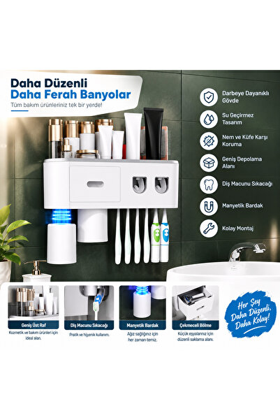 İDEXAL Çok Amaçlı Banyo Organizer – Diş Fırçalık, 2’li Macun Tutucu, Tarak Bölmesi & Çekmeceli