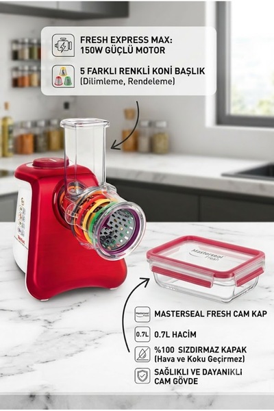 TEFAL 5 Koni Başlıklı Fresh Express Max 150W Doğrayıcı ve Sızdırmaz Cam Sakla...
