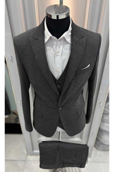SABRİ ZENGİN Men's Anthracite Slim Fit Lycra Thick Premium Fabric 3 Piece Suit