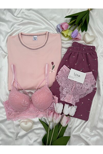 Lena Homewears Mürdüm Lale Desenli 4’lü Sütyenli Bisiklet Yaka Uzun Kollu Pre...