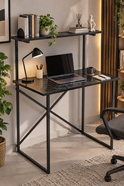 SuloraHome Raflı ve Kitaplıklı Çalışma Masası Siyah Mermer Desenli