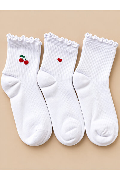 MIROX SOCKS Kadın Pamuklu Dikişsiz Fırfır Detaylı Kalp Desenli Kolej Çorap 3’...