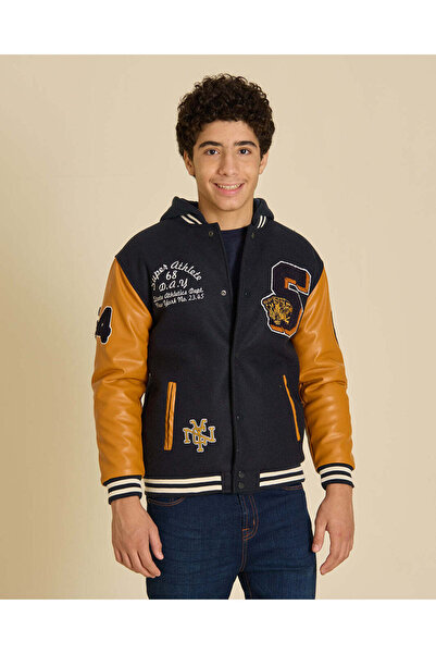 REDTAG Senior Boys Navy Hooded Baseball Jacket