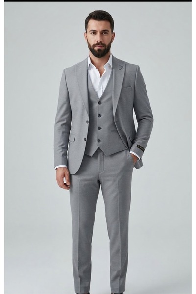 SABRİ ZENGİN Men's Gray Slim Fit Lycra Thick Premium Fabric 3 Piece Suit