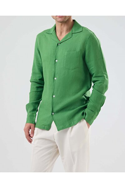 TerziAdemAltun Italian Style Slim Fit Men's Lapel Collar Linen Shirt Green T1...