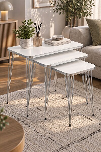 SuloraHome Gümüş Tel Ayaklı Beyaz 3'lü Zigon Sehpa Takımı