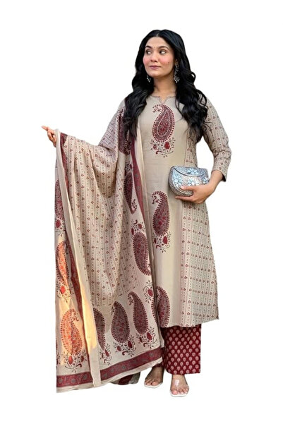 MYSMAR Cream & Rust Orange Paisley Printed Viscose Suit Set - ALV2232 | Cream...