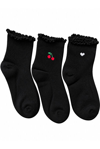 MIROX SOCKS Kadın Pamuklu Dikişsiz Fırfır Detaylı Kalp Desenli Kolej Çorap 3’...