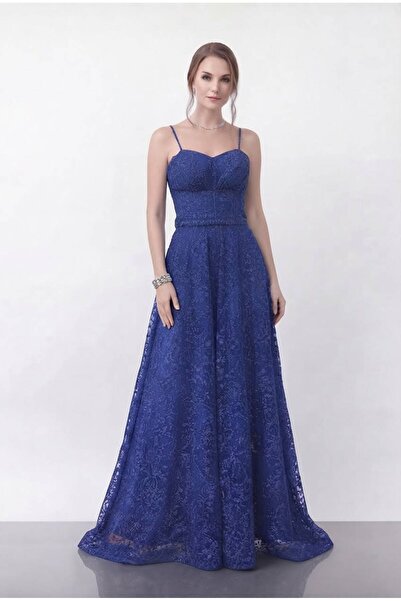 Hülya Boutique Askılı Balen Detaylı Dantelli Uzun Kadın Elbise / Abiye