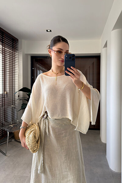 MAGARDE Kayık Yaka Yarasa Sleeve Mercerized Blouse - Ecru