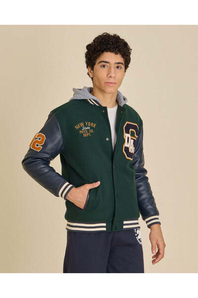 REDTAG Senior Boys Green Hooded Baseball Jacket