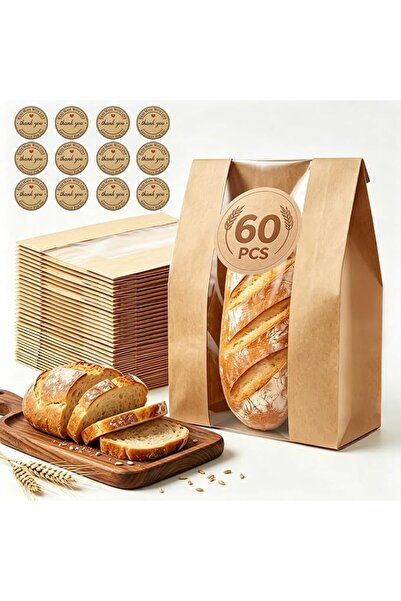 GENERAL Paper Bread Bag Bakery Bag 60 Pcs, Natural Kraft Paper Bags with Stic...