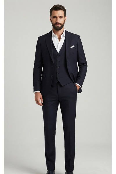 SABRİ ZENGİN Men's Navy Blue Slim Fit Lycra Thick Premium Fabric 3 Piece Suit