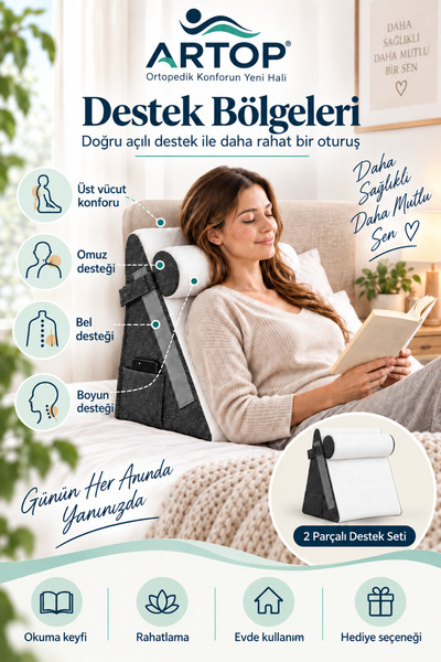 Artop Çok Amaçlı Sırt Destek Yastığı – Çıkarılabilir Boyun Yastıklı, Yan Cepl...