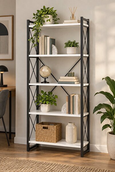SuloraHome 5 Raflı Metal Kitaplık Beyaz ve Siyah