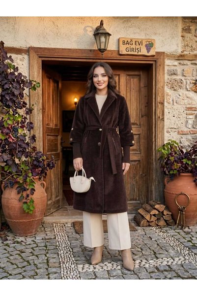 KMKkombin Gold Buttoned Sleeves, Ribbed Belt, Fox Fabric Double-Breasted Women's Coat