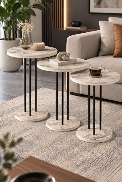 SuloraHome Metal Ayaklı 3'lü Zigon Sehpa Takımı