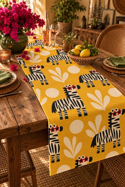 SasoHome Wild Muse | Yıldız Gözlüklü Zebra Desenli Hardal Sarısı Dekoratif Masa Runner | Retro Pop Art Tasarım