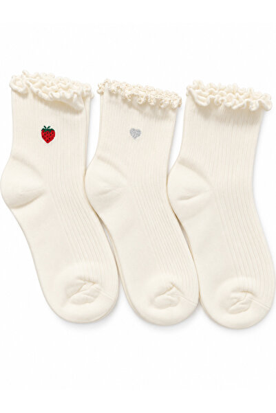 MIROX SOCKS Kadın Pamuklu Dikişsiz Fırfır Detaylı Kalp Desenli Kolej Çorap 3’...