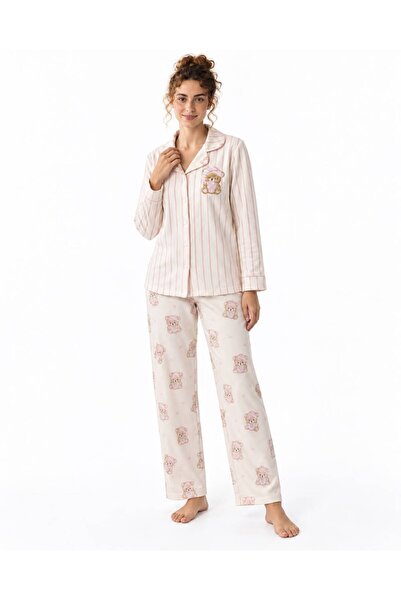 RAPAPA Women's Pink Stripe Detailed Soft Textured Pajama Set 6701-6