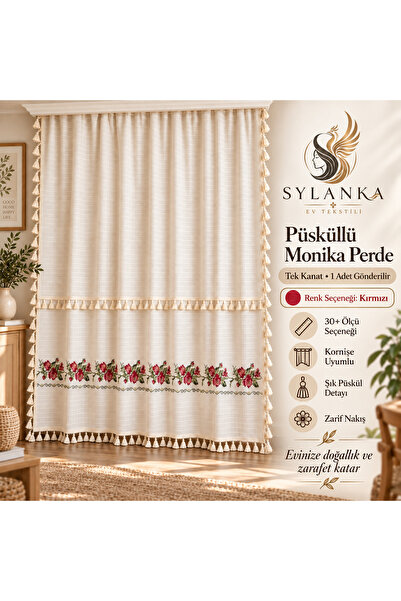 SYLANKA Kırmızı Kanaviçeli Püskül Ponponlu Buldan El Dantelli Buldan İşi Fon ...