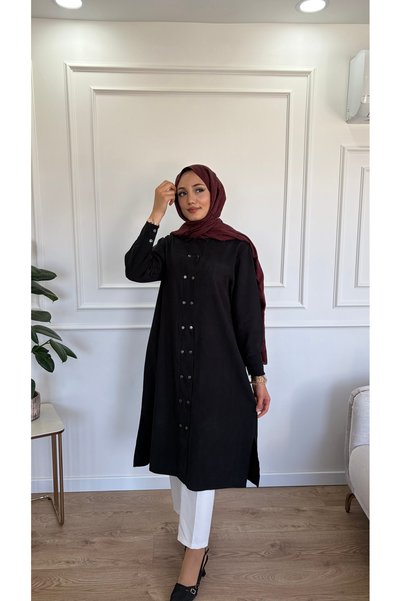 Moda Misali Çift Sıra Çıtçıtlı Tensel Uzun Tunik