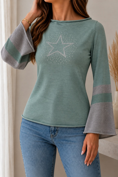 hanope Women's Boat Neck Spanish Sleeve Stone Star Detailed Relaxed Fit Mint ...