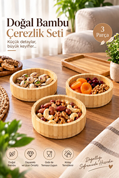 GUGGA Doğal Bambu 3’lü Çerezlik Seti 10 cm – Kuruyemiş, Sos ve Kahvaltılık Su...
