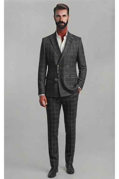 SABRİ ZENGİN Erkek Siyah Ekose Desenli Slim Fit Kruvaze Takım Elbise