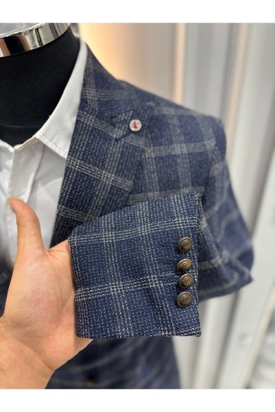 SABRİ ZENGİN Men's Navy Blue Plaid Patterned Slim Fit Double Breasted Suit