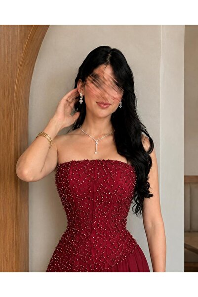 Olivia Style فستان سهرة عنابي مكشوف الأكتاف بتصميم كورسيه مطرز وتنورة انسيابي...