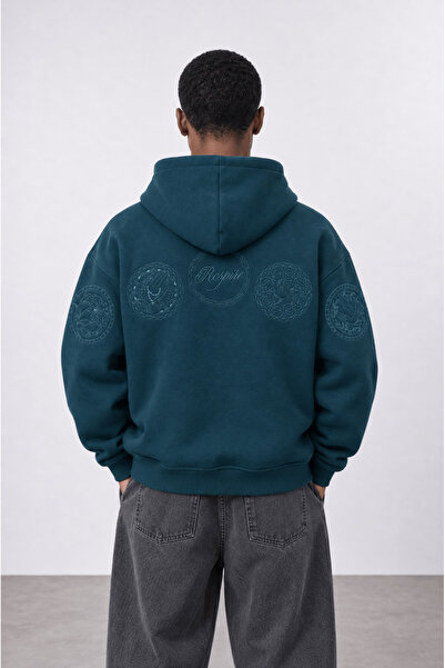 Respire Erkek Rosette Nakışlı Oversize Hoodie Zümrüt