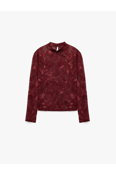 Koton Slim Fit Long Sleeve Transparent Floral Buttoned Qipao Tulle T-Shirt