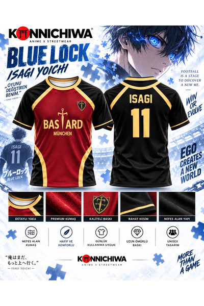 FG KONNİCHİWA Blue Lock Bastard München Isagi 11 Anime Printed Short Sleeve T...