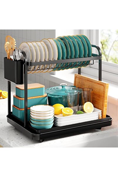 GENERAL Sakugi 2-Tier Dish Drying Rack with Drainboard, Black for Everyday St...
