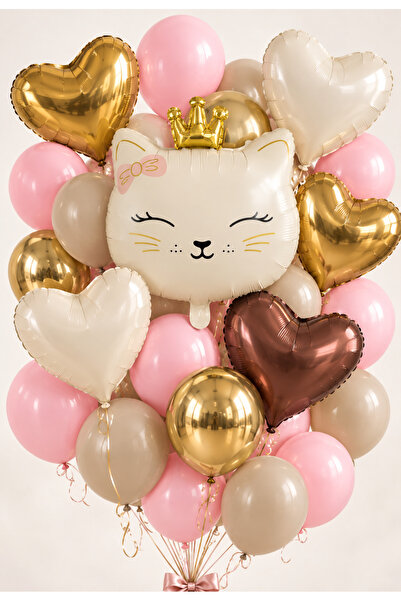 baloss fer Pembe Kum Rengi Prenses Kedi Deluxe Balon Seti 26 Parça Krom Gold ...