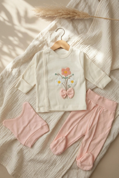 ANP MODA TASARIM Flora Dream 100% Cotton Floral Embroidered 3-Piece Baby Set ...