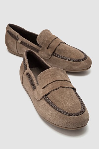 LuviShoes FRANCIS Koyu Bej Süet Hakiki Deri Örgü Detaylı Kadın Loafer Ayakkabı