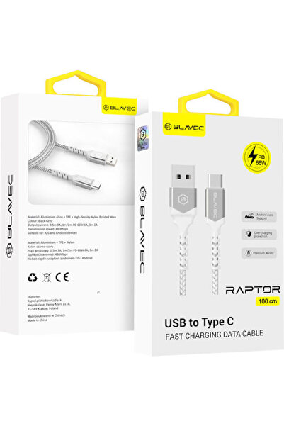 Blavec Raptor Πλεγμένο Καλώδιο USB 2.0 USB-C Αρσενικό - USB-A 66W PD Λευκό 1μ