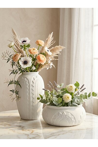 Adeem Modern Heritage Design White Porcelain Flower Vase Set