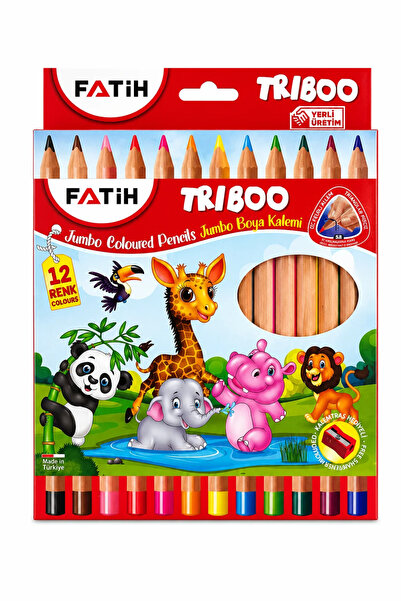 Fatih Triboo 12 Renk Jumbo Üçgen Boya Kalemi | Tam Boy Kalemtıraşlı Kuru Boya...