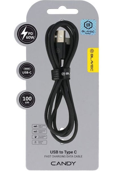 Blavec Πλεγμένο Καλώδιο USB 2.0 USB-C αρσενικό - USB-A 60W Μαύρο 1μ