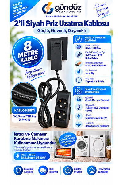 Gündüz Elektromarket 2’li (8) Metre Uzatma Prizi 3x2,5 mm² Kalın Kablolu Ultr...