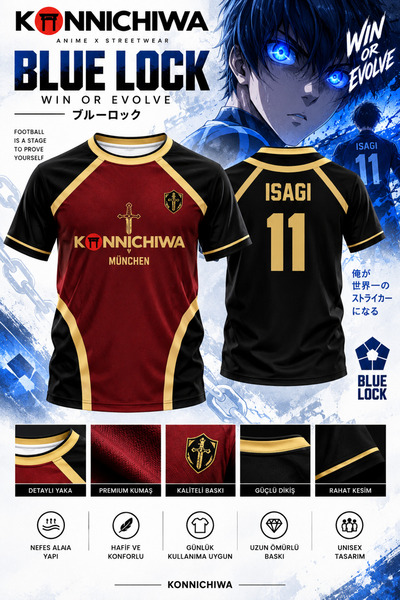 FG KONNİCHİWA Blue Lock Bastard München Isagi 11 Anime Printed Short Sleeve T...