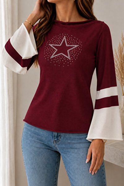 hanope Women's Boat Neck Spanish Sleeve Stone Star Detailed Relaxed Fit Burgu...