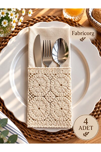 fabricorg Dekoratif Ham Bez Çatal - Kaşık - Bıçak Kılıfı 4 ADET (%100 Pamuk)