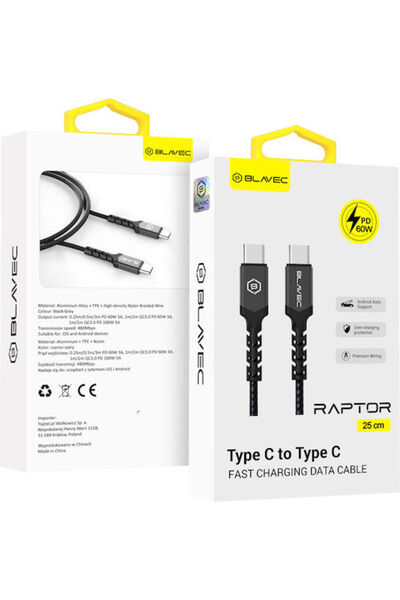Blavec Raptor Πλεγμένο Καλώδιο USB 2.0 USB-C Αρσενικό - USB-C 60W PD Μαύρο 0.25μ