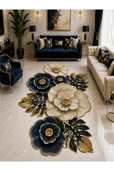 Şira Home Lacivert Krem Gold Çiçek Desenli Yıkanabilir Dijital Baskı Halı