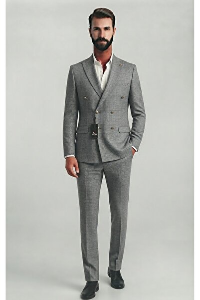 SABRİ ZENGİN Men's Gray Plaid Patterned Slim Fit Double Breasted Suit